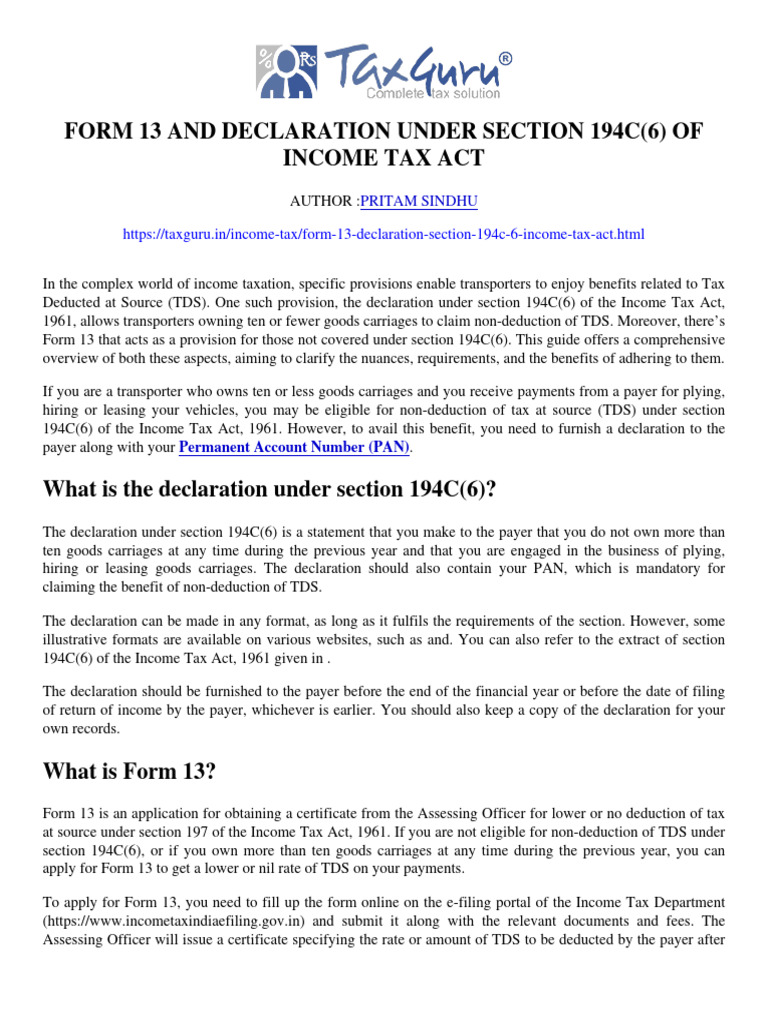 form-13-and-declaration-under-section-194c-6-of-income-tax-act