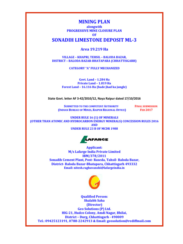Sonadih Limestone Mining Plan Submission | PDF | Cement | Shale