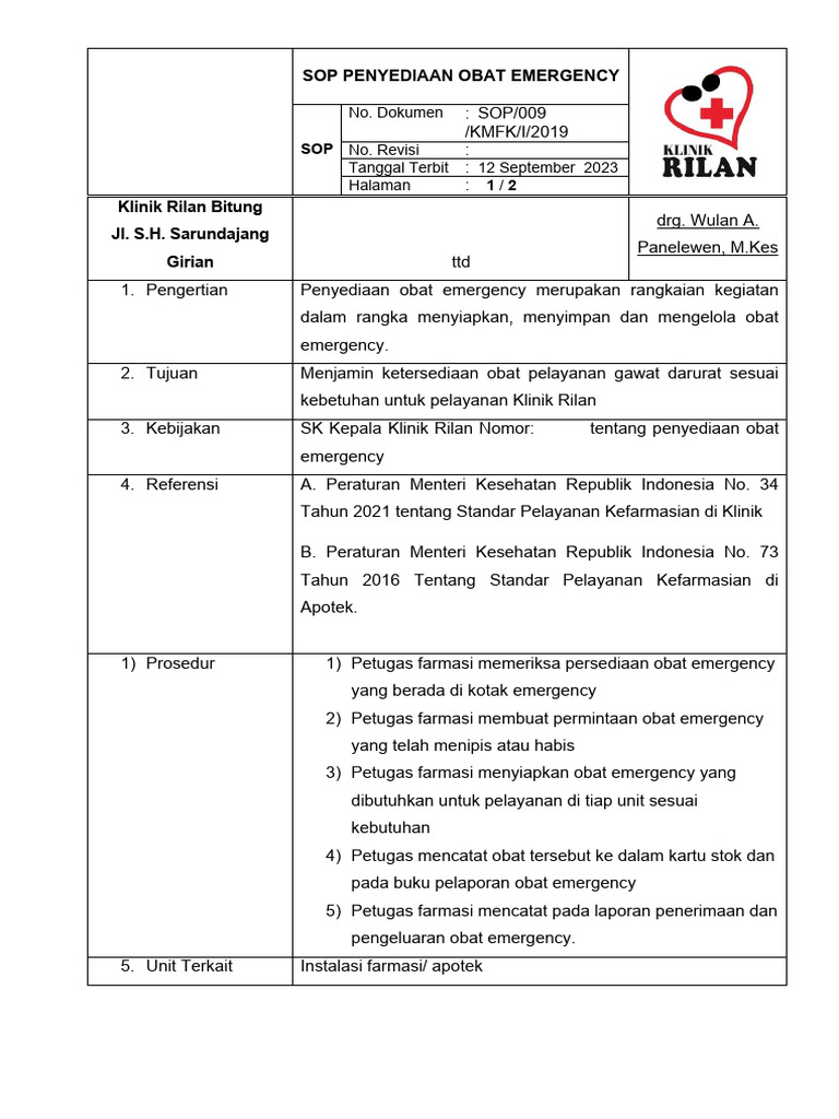 SOP Obat Emergency Klinik Rilan | PDF | Sains & Matematika