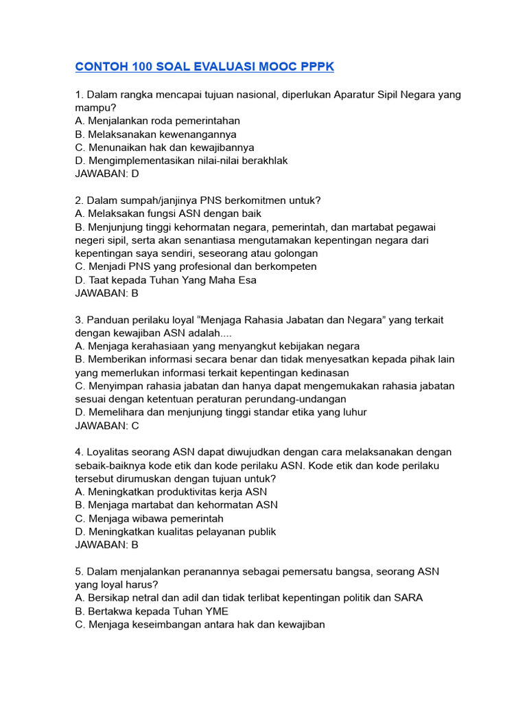 Contoh 100 soal evaluasi mooc pppk pdf