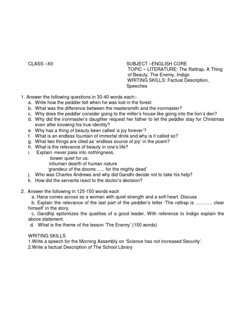 CBSE Worksheets For Class 12 English Core Assignment 5 | PDF