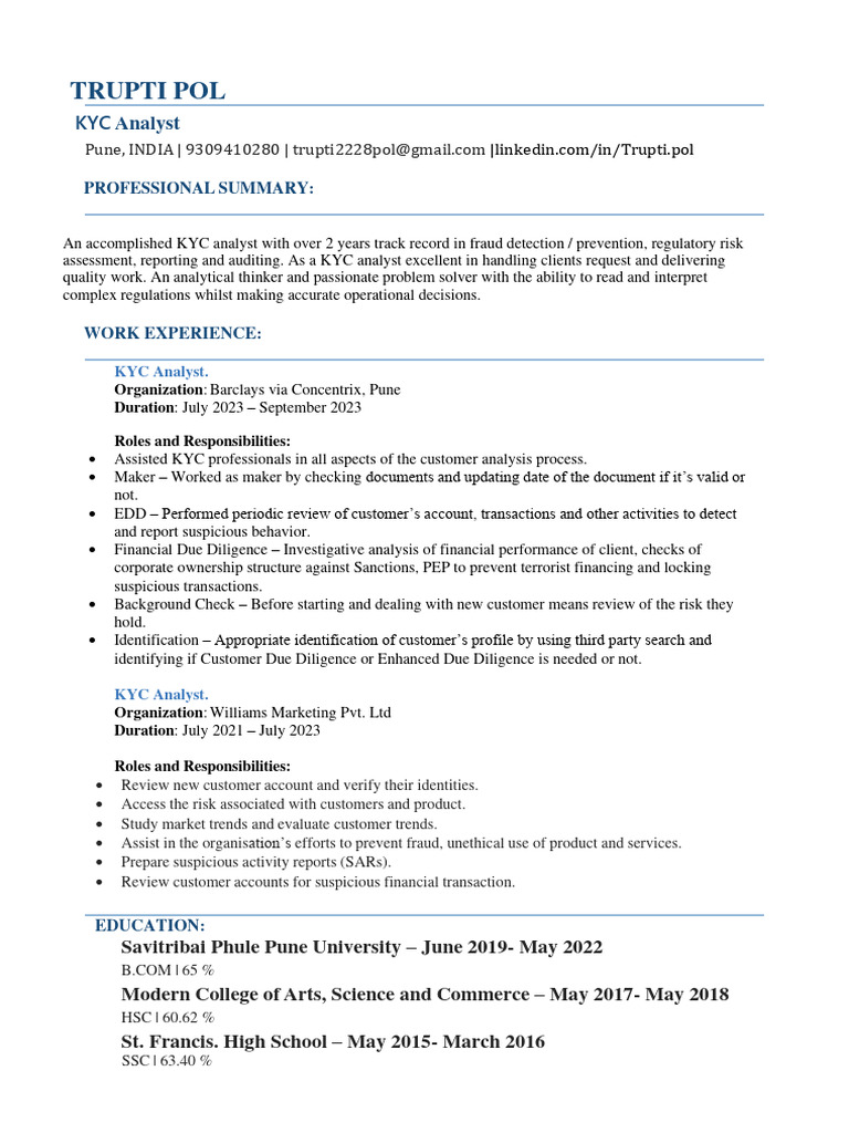 Trupti Pol Resume For KYC AML | Download Free PDF | Due Diligence ...