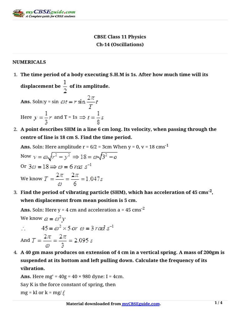 11 Physics Imp ch14 Numericals PDF Oscillation Mass