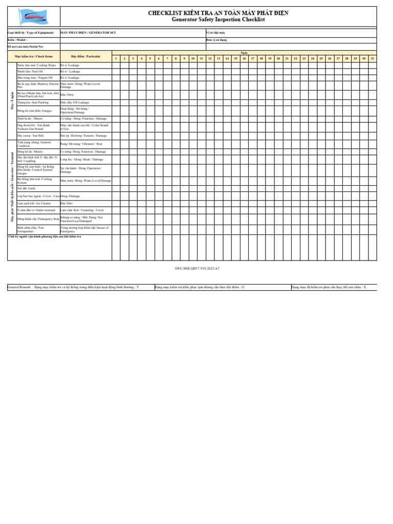 SWC.SHE.QĐ17.V01.2022.A7 Checklist kiểm tra máy phát điện | PDF