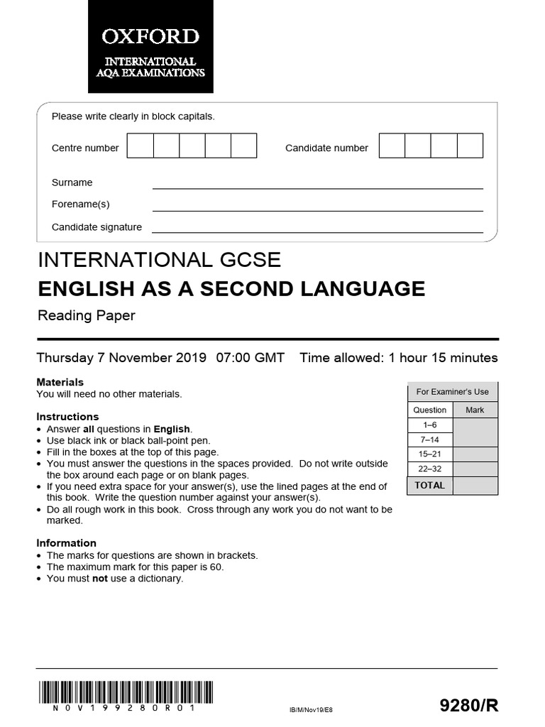 Gcse esl reading question paper nov 19 pdf