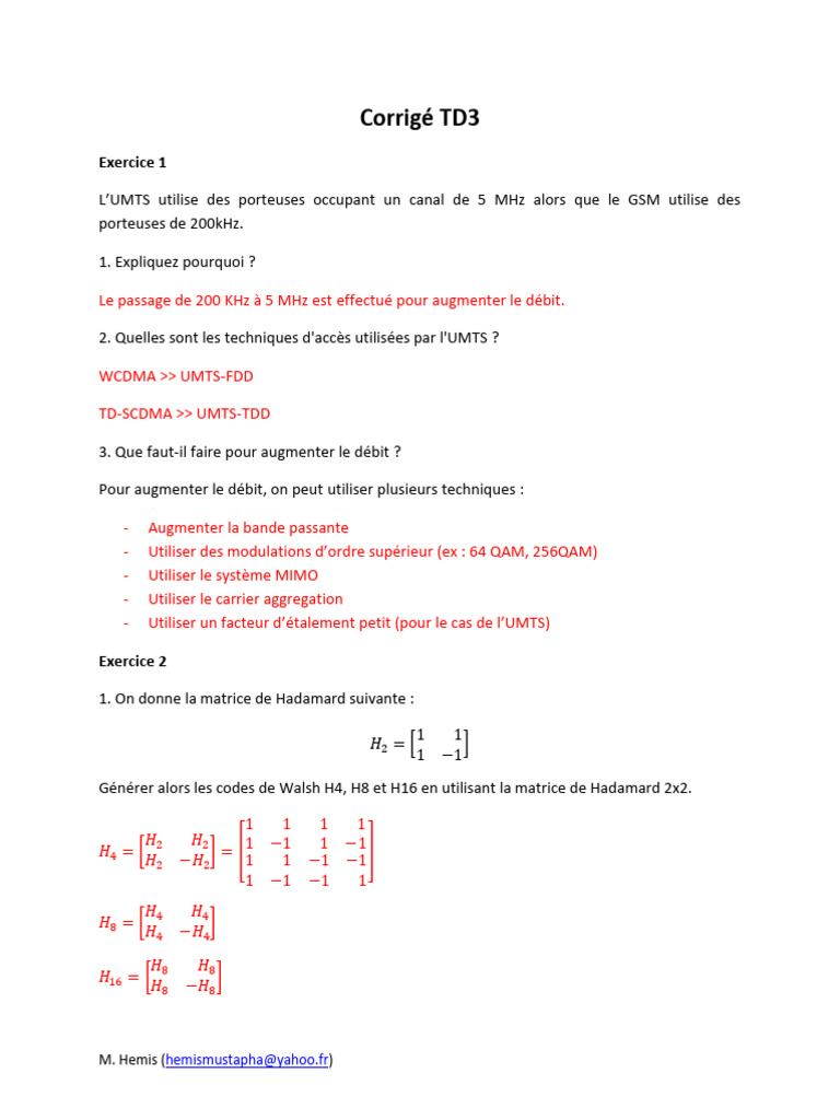 Corrigé TD3 : Exercices sur UMTS et CDMA | PDF | Débit binaire | Réseau ...