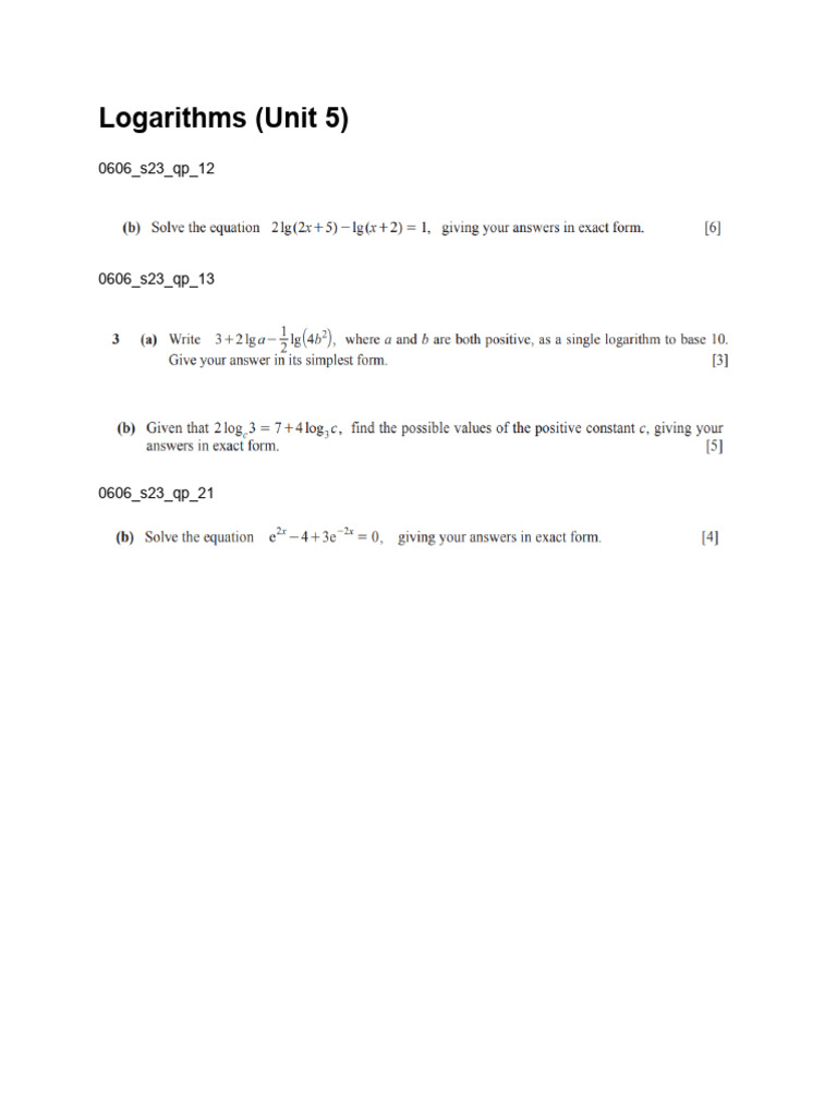 Unit 5 logarithms worksheet igcse additional mathematics pdf