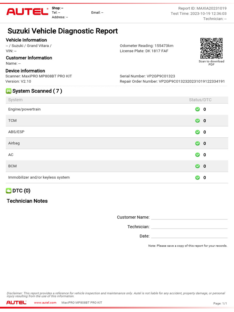 Suzuki Vehicle Diagnostic Report 20231019123603 PDF