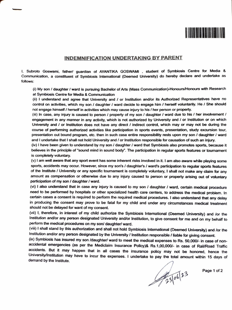 Indeminity Form - Parent | PDF | Consent | Insurance