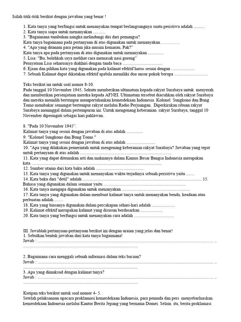 Soal Bahasa Indonesia Kelas 6 Semester 1 Tema2 2021 Pdf Griya Taman