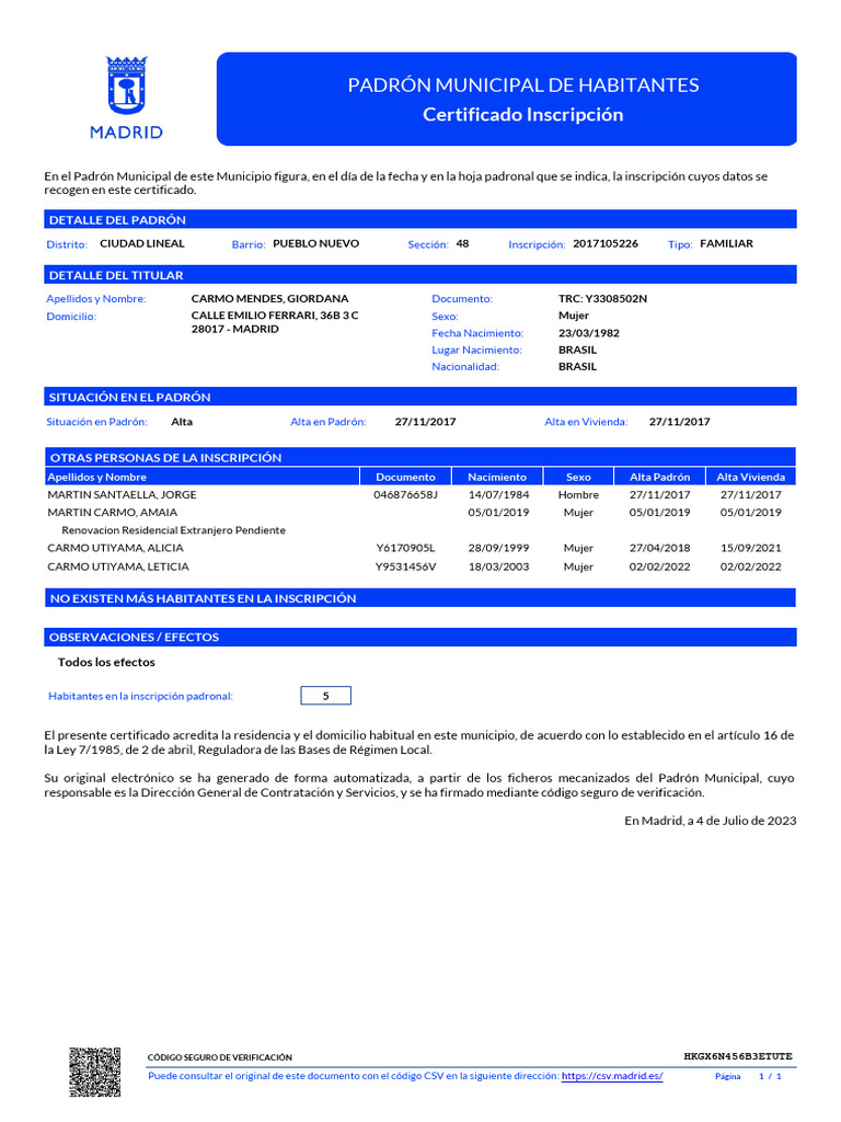 Certificado de Empadronamiento Madrid | PDF