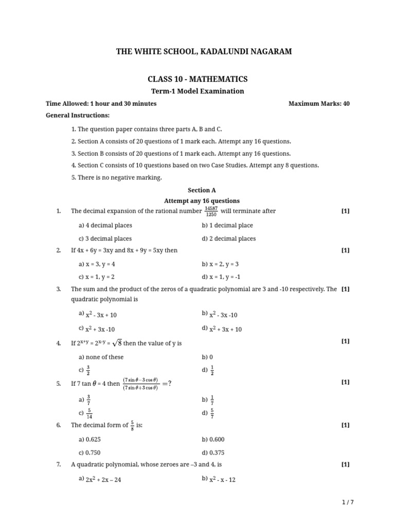 Maths Model Question Paper X PDF PDF