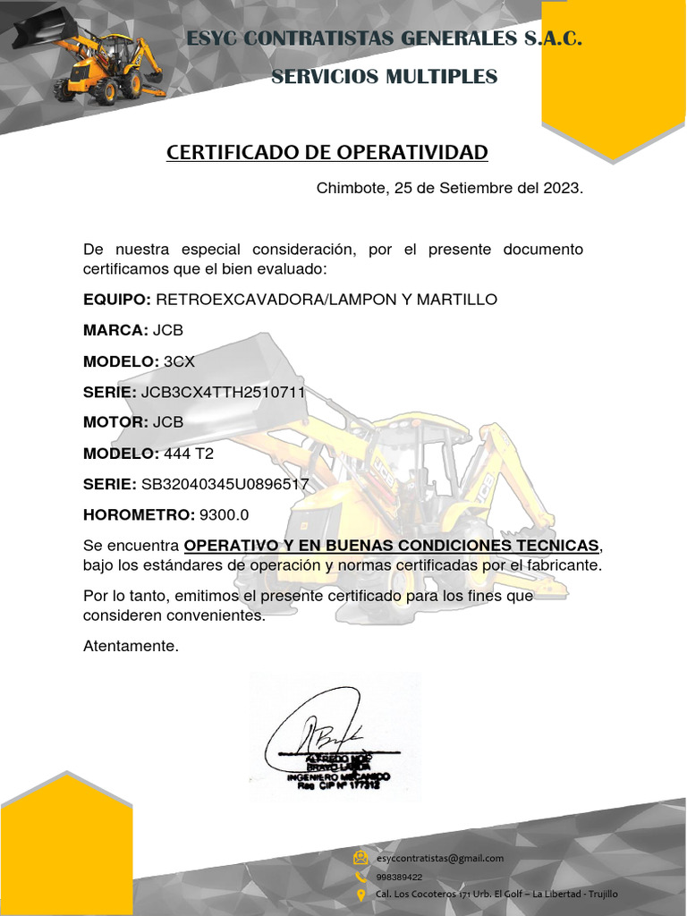 Certificado de Operatividad Retroexcavadora JCB | PDF