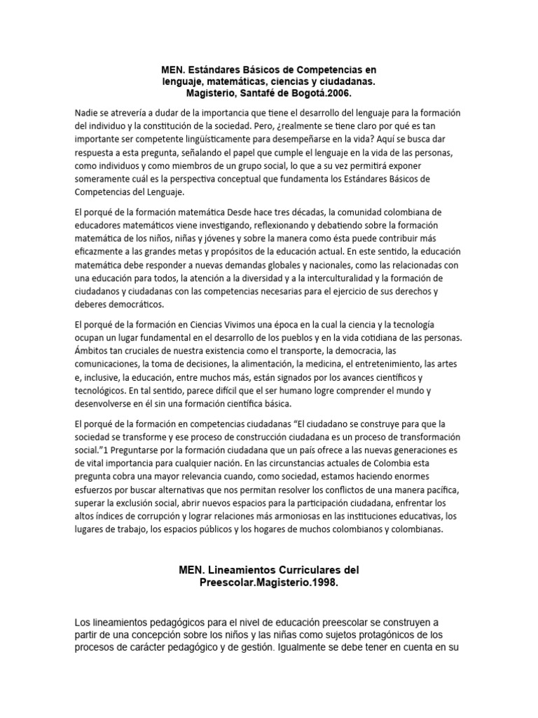 MEN. Estándares Básicos de Competencias en Lenguaje, Matemáticas ...