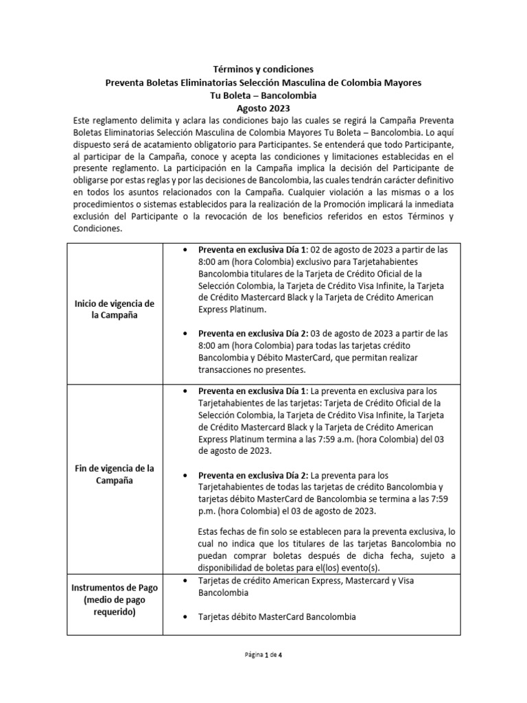 Términos y Condiciones Preventa Boletas Eliminatorias Selección Masculina de Colombia Mayores Tu