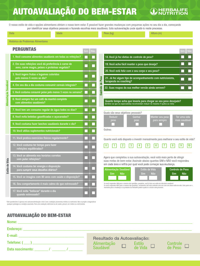 Autoavaliação de Bem-Estar e Nutrição | PDF