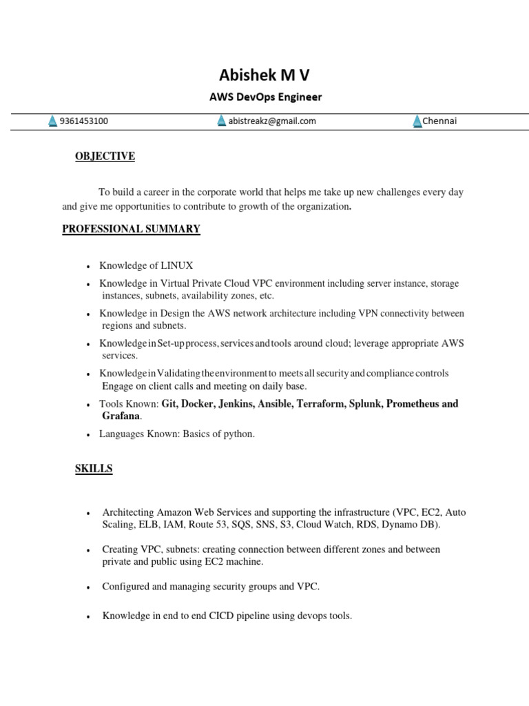 ABISHEK M V Resume . | PDF | Amazon Web Services | Cloud Computing
