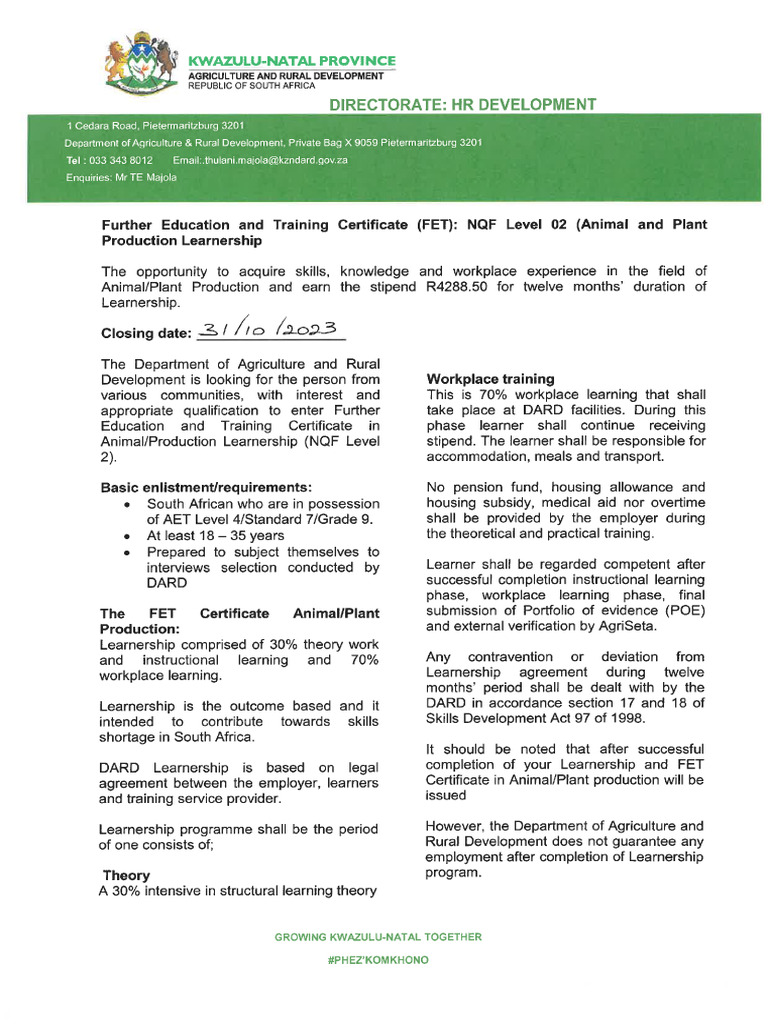 Advert NQF Level 02 Animal and Plant Production Learnership Closing