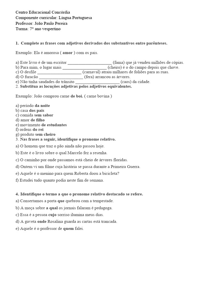 Complete As Frases Com Adjetivos Derivados Dos Substantivos Entre ...