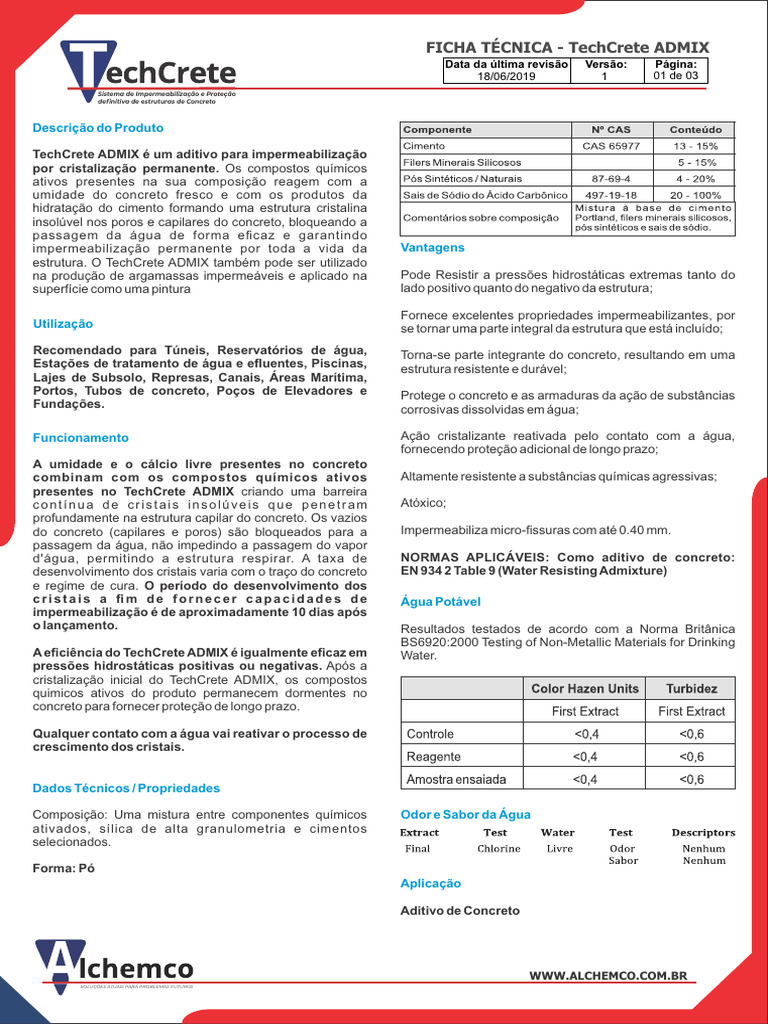 Aditivo Impermeabilizante TechCrete ADMIX | PDF | Concreto | Mineração