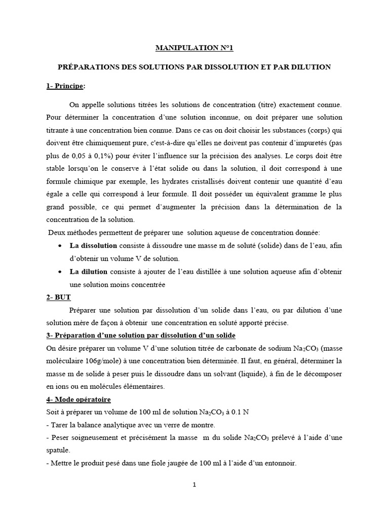 Préparation de Solutions par Dissolution et Dilution | PDF | Titrage ...