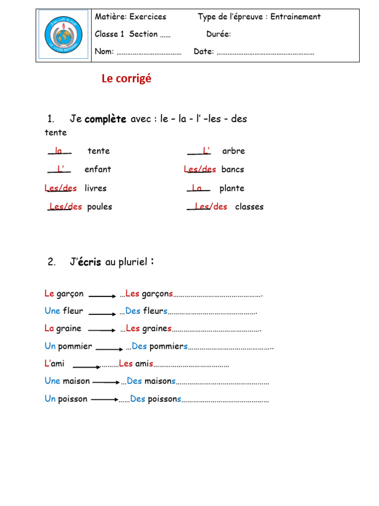 Exercices de Pluriel en Français EB1 | PDF
