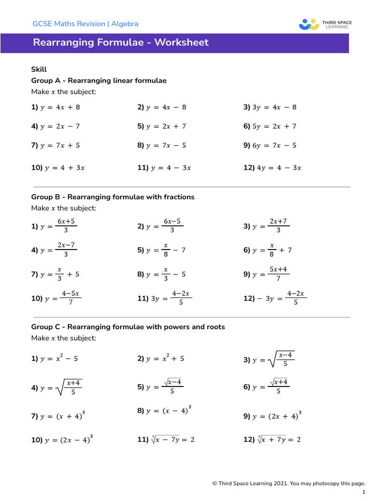 Third Space Learning Rearranging Formulae GCSE Worksheet | PDF