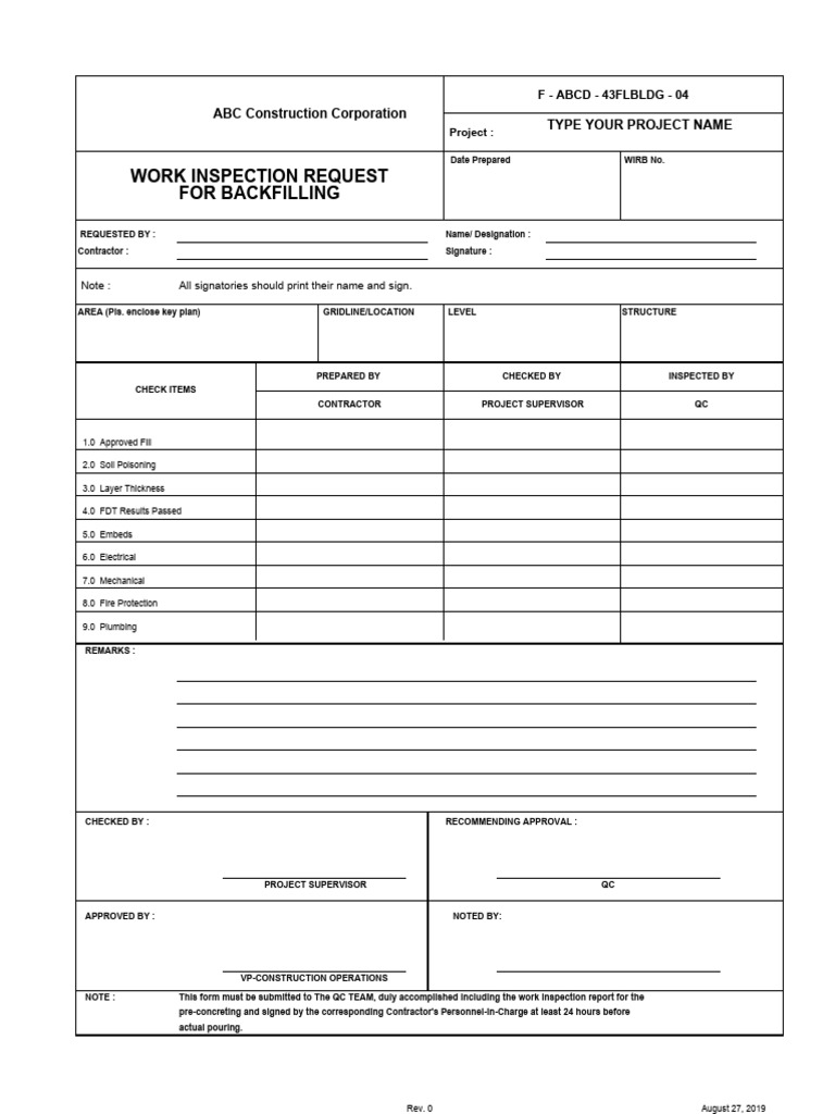 Backfill Inspection Request Form | PDF