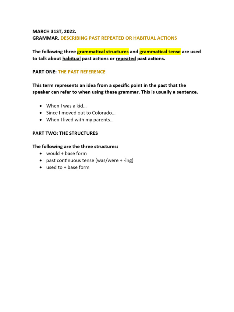 Past Habitual Actions Explained | PDF | Language Arts & Discipline