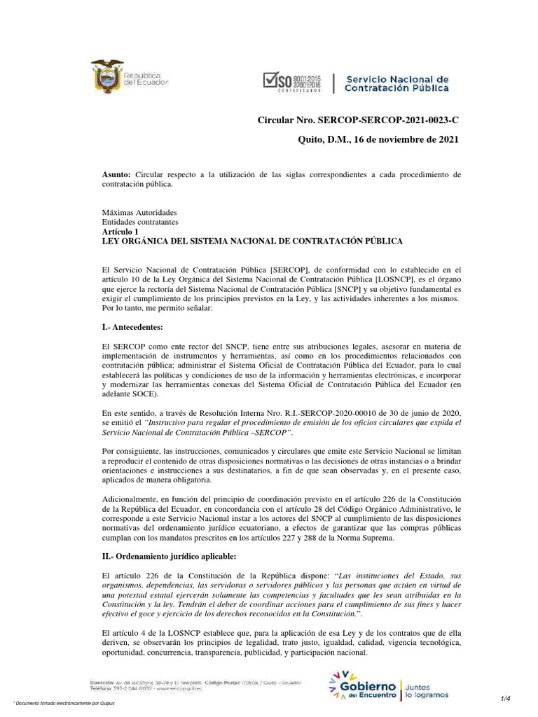Sercop Sercop 2021 0023 C - Circular - Suscrita | PDF | Ecuador ...