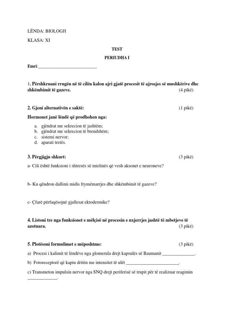 Biologjia 11 - Teste Me Bluprint 2023-2024 | PDF