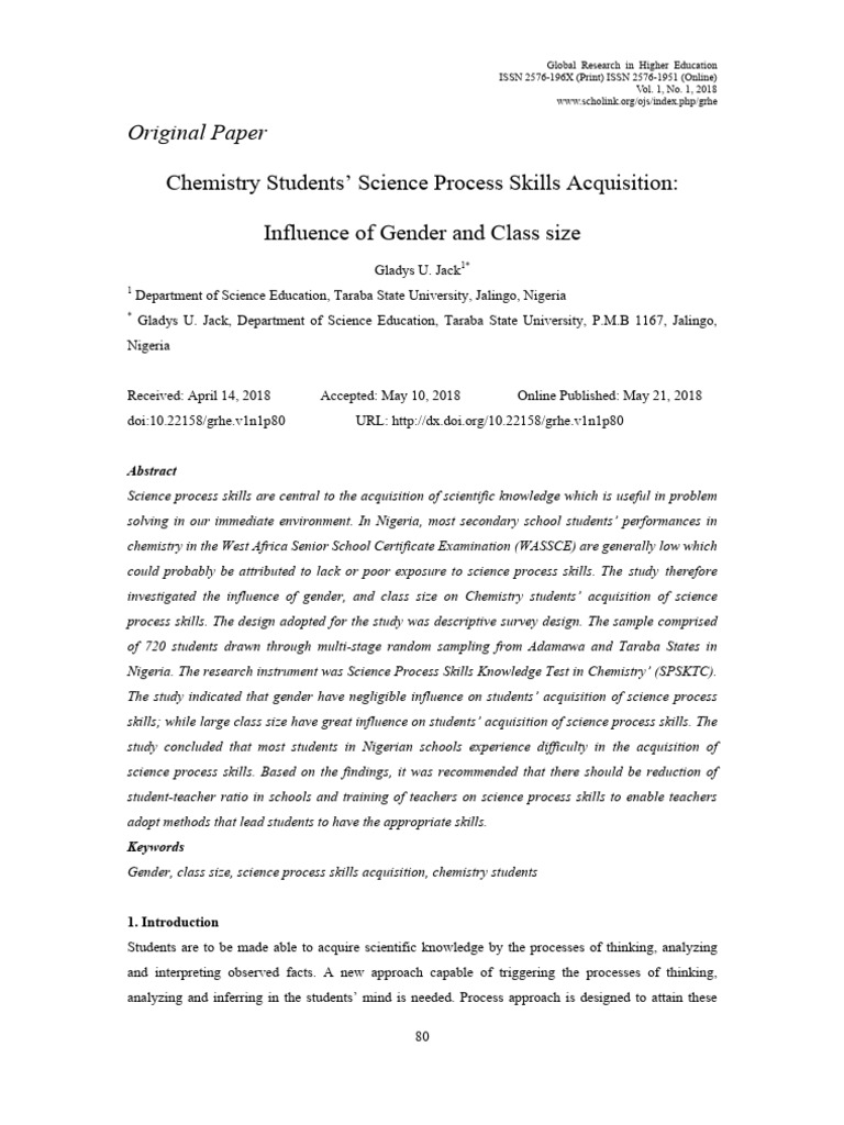 Chemistry Students Science Process Skills Acquisi | PDF