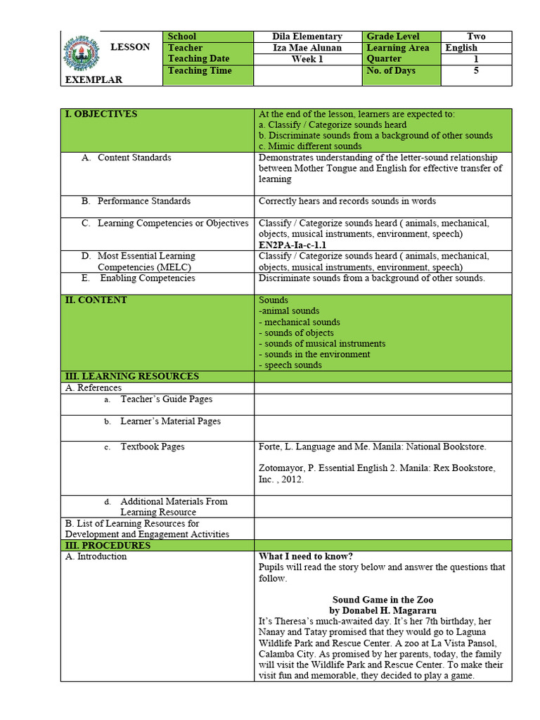 Q1 ENGLISH Lesson Exemplar WEEK1 | PDF