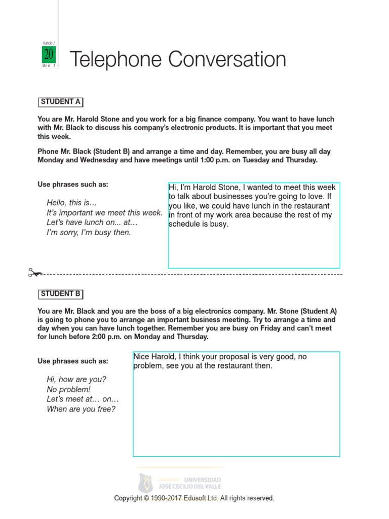 Documento 08 Basic I Handout 20 Unit 4 On A Business Trip Telephone ...