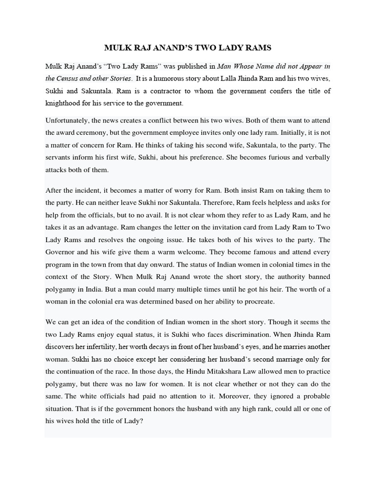 Mulk Raj Anands Two Lady Ram | PDF