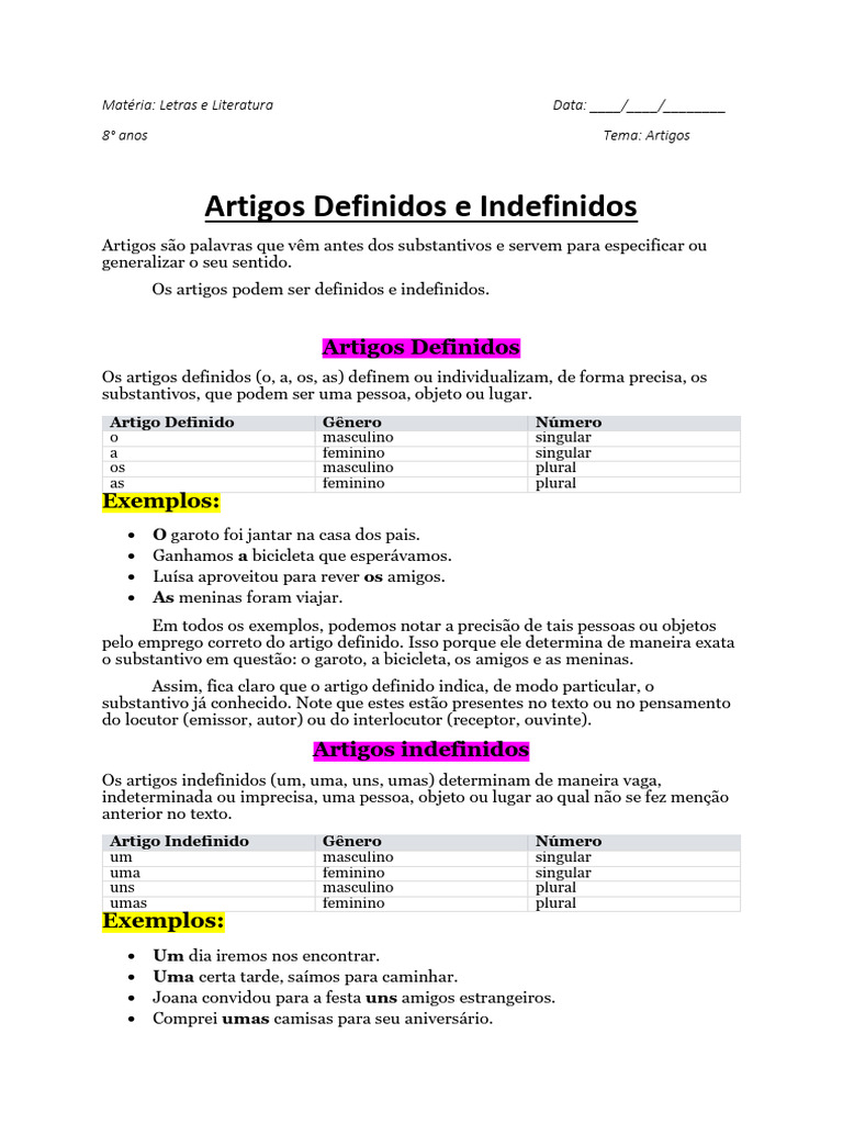 Artigos Definidos e Indefinidos | PDF | Mecânica da linguagem ...