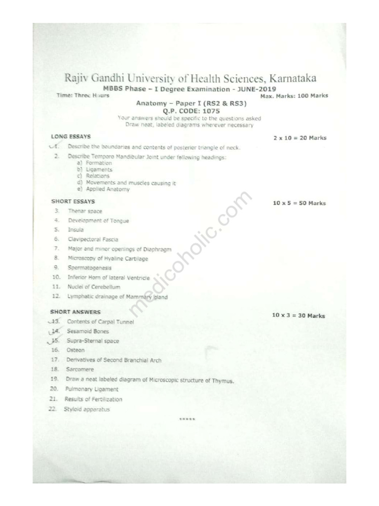 1st Year MBBS Question Papers RGUHS 2019 PDF