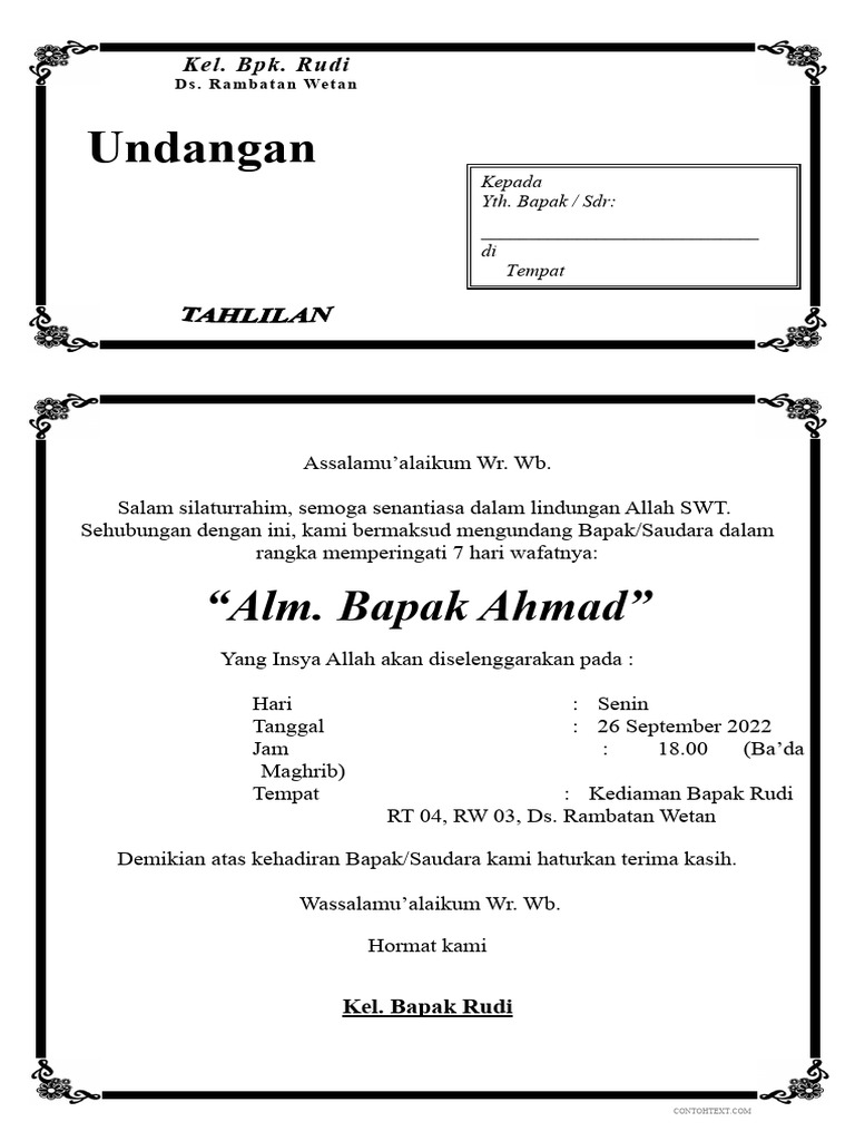 Undangan Tahlil 7 Hari - Contohtext | PDF