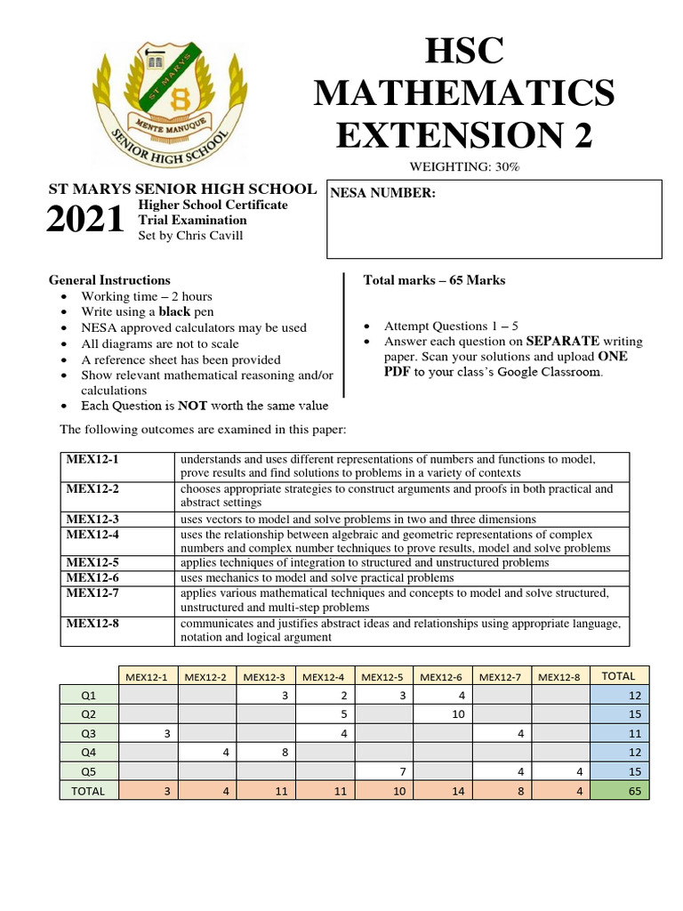 ST Mary - S Senior 2021 Math Ext 2 Trials | PDF | Mathematics | Complex ...