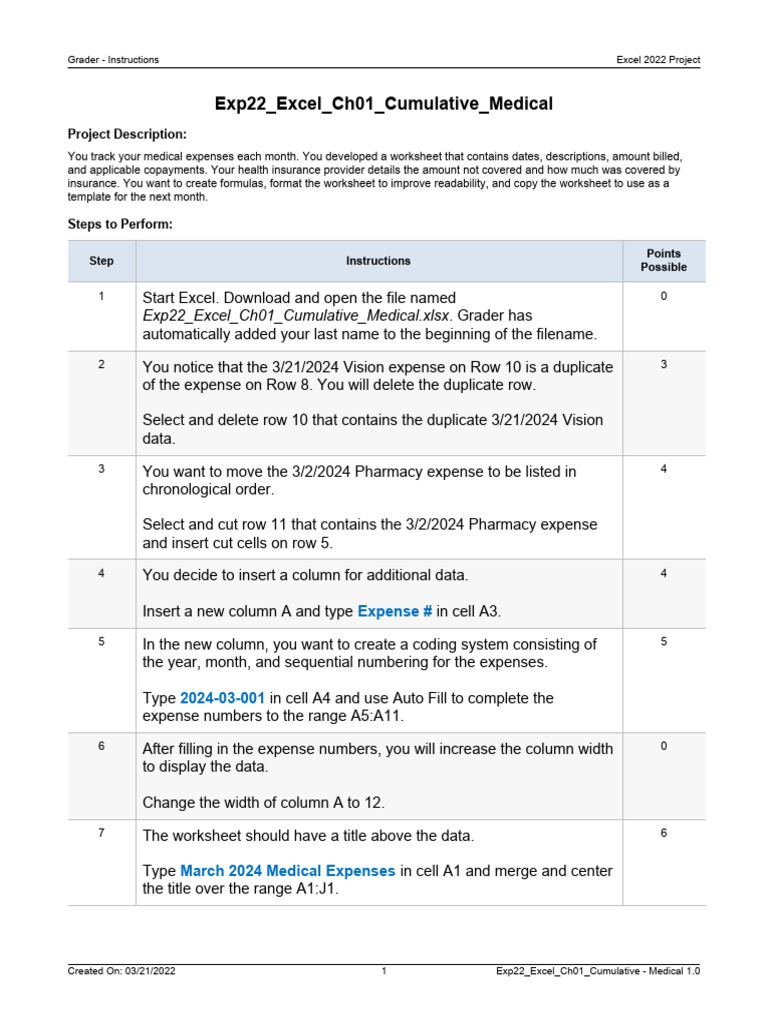 Exp22 Excel Ch01 Cumulative Medical Instructions | PDF