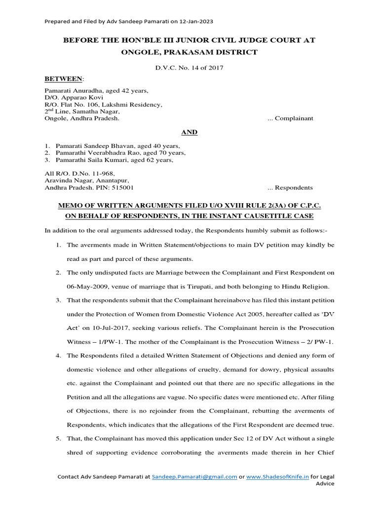 SAMPLE Memo of Written Arguments U S 314 CRPC in DV Case | PDF ...