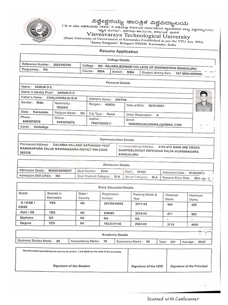 VTU Registration Resume | PDF