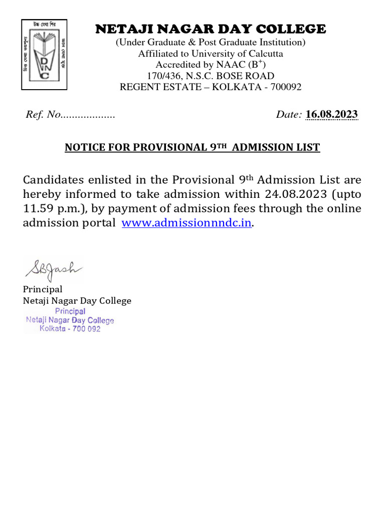 Notice For 9th Provisional Admission List PDF