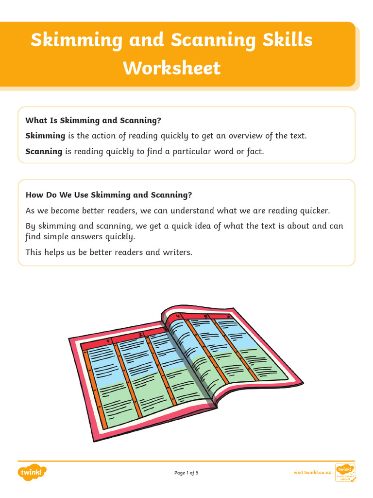 Reading Comprehension Skills Year 34 Skimming and Scanning Worksheet PDF