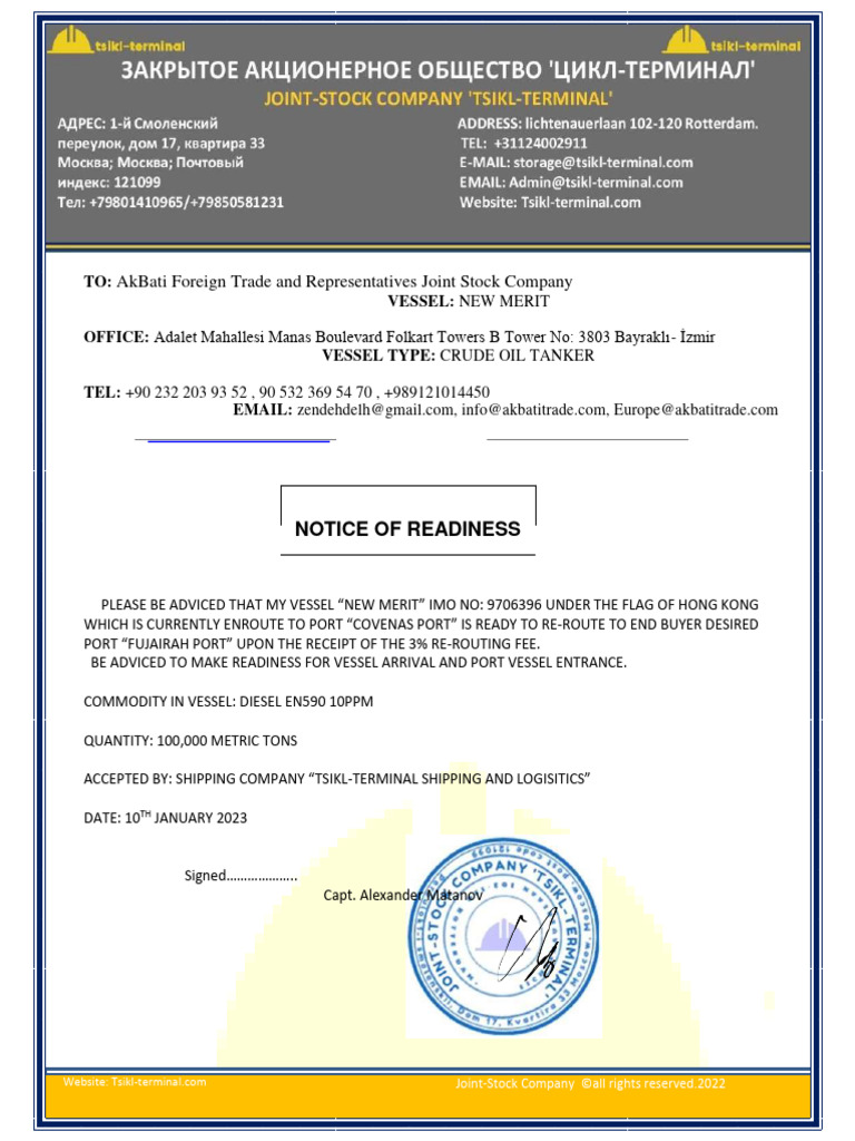 Notice of Readiness for Vessel New Merit | PDF