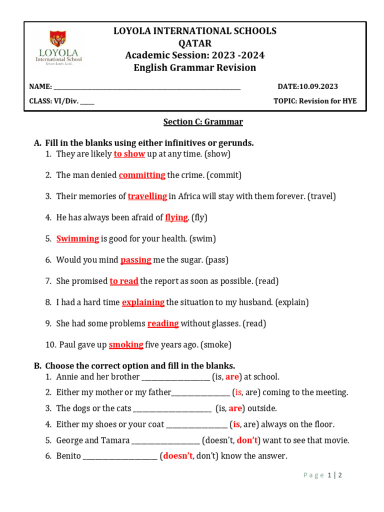 English Grammar Revision for Class VI | PDF | Language Arts & Discipline
