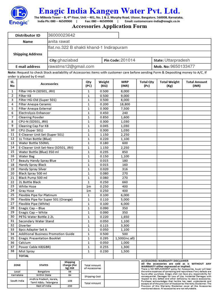 Kangen Water Accessories Order Form | PDF
