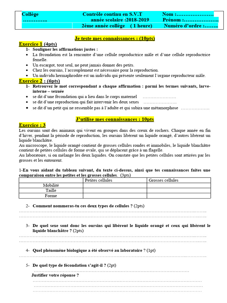 Contrôle SVT 2AC Semestre 2 | PDF | Sciences et mathématiques
