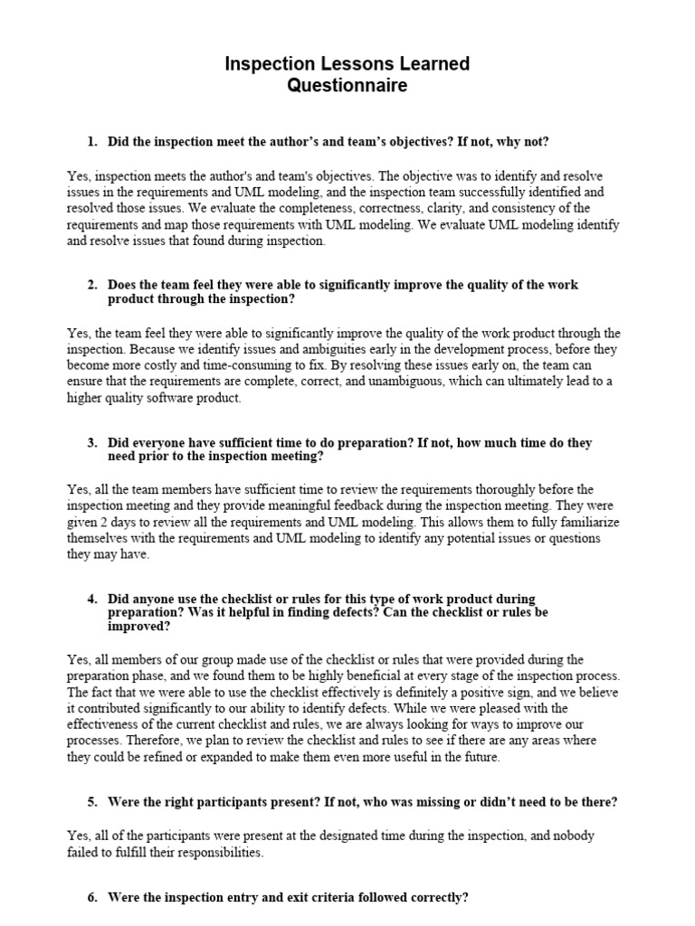 7 - Inspection - Lessons - Learned - Questionnaire | PDF | Cognition ...