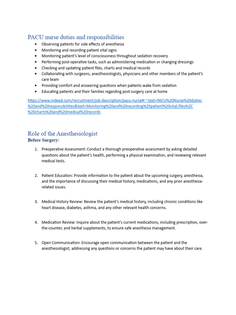 PACU Nurse Duties and Responsibilities Download Free PDF Surgery